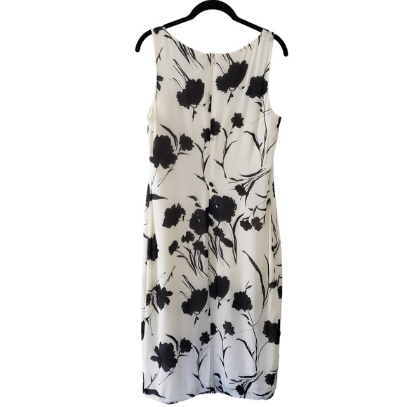 Louben Midi Shift Dress Size 10 Cream/Black Sleeveless Floral Crepe Lined - Picture 6 of 11